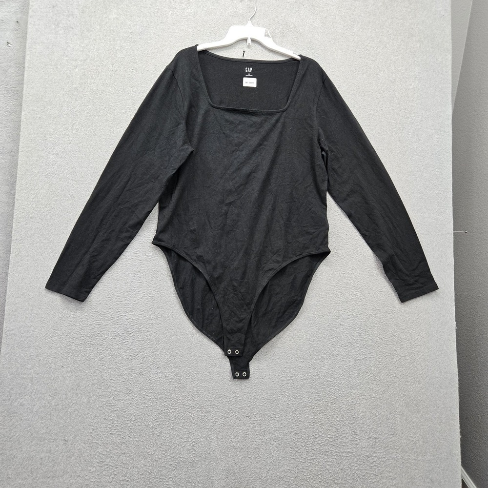GAP Women Bodysuit XXL Black Square Neck Snap Long Sleeve Stretch NWT